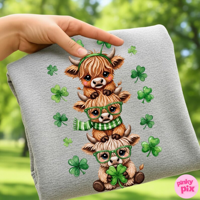 May include: A folded gray blanket featuring a stack of three cartoon Highland cows, each adorned with St. Patrick's Day accessories. The cows wear green glasses, headbands, and scarves, and are surrounded by green shamrocks.