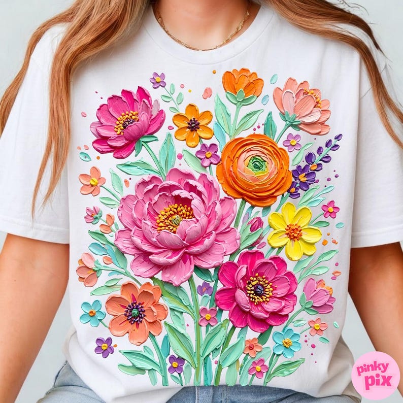 May include: White t-shirt featuring a vibrant floral design. The design showcases a bouquet of colorful flowers, including pink peonies, orange ranunculus, and yellow blooms, with green leaves and accents. The shirt has a crew neck and short sleeves.