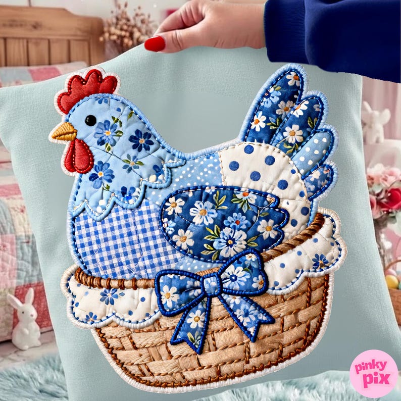 Patchwork Grandmacore Chicken Cottagecore Png, Checkered Gingham Faux Embroidery Coquette Bow Sublimation Design image 1