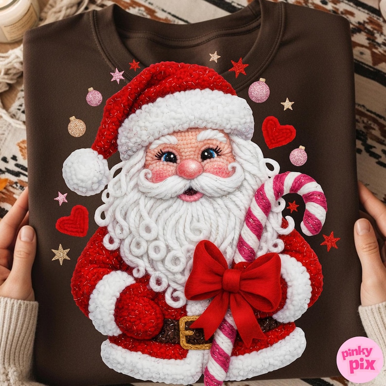 May include: A brown sweatshirt featuring a detailed Santa Claus design. The Santa Claus graphic is in red, white, and pink, holding a candy cane and wearing a red hat. Decorative elements include hearts, stars, and ornaments.
