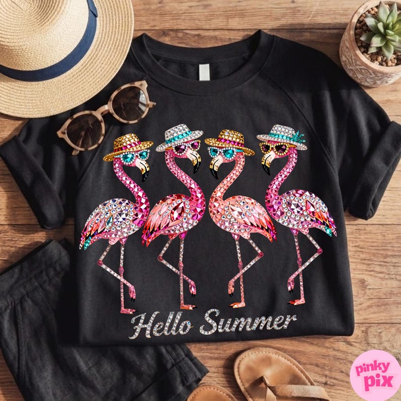 Rhinestone Hello Summer Flamingo PNG: Sparkle Bling Crystal Mosaic Jewel Diamond, Trending Digital Download image 2