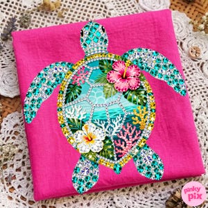 May include: A hot pink fabric with a bejeweled sea turtle design. The turtle features turquoise gems, a yellow and gold border, and a tropical scene with hibiscus flowers, coral, and ocean waves.