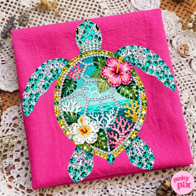 May include: A hot pink fabric with a bejeweled sea turtle design. The turtle features turquoise gems, a yellow and gold border, and a tropical scene with hibiscus flowers, coral, and ocean waves.