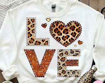 Leopard Love Rhinestone PNG: Bling Valentine Heart Crystal Mosaic Jewel Letters Sparkle DTF Design
