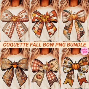 Puede incluir: Una colección de seis diseños de lazos con temática otoñal. Cada lazo presenta un motivo de calabaza y hojas de otoño, con varios patrones como cuadros, lunares e estampados florales. Se muestra el texto "COQUETTE FALL BOW PNG BUNDLE".