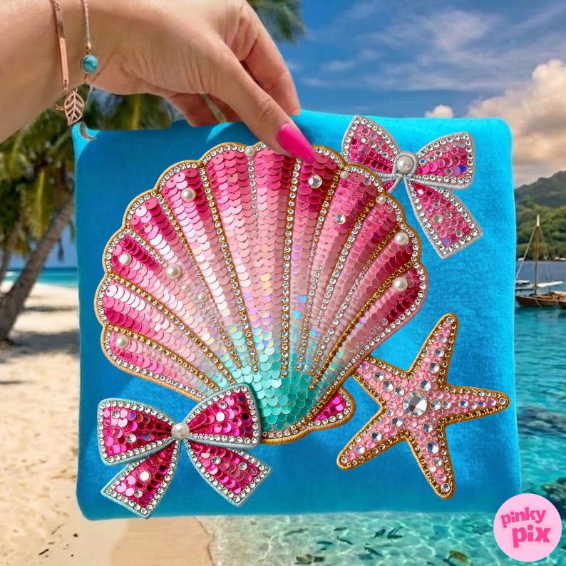 May include: A turquoise blue clutch featuring a large, sequined seashell design in shades of pink and teal. Embellished with faux pearls, rhinestones, and two sequined bows. A pink starfish and the text "pinky pix" complete the design.