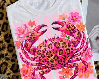 Leopard Floral Stripes Summer Crab PNG: Preppy Coastal Beach Design
