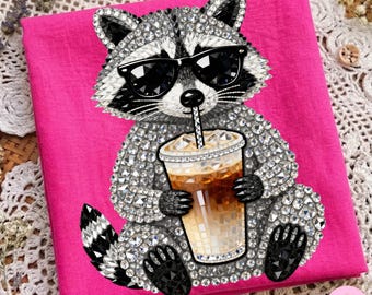 Raccoon Rhinestone Funny Drinking Iced Coffee PNG: Bling Sparkle Animal Summer Design