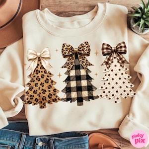 Leopard Christmas Tree PNG: Checkered Polka Dot Bow Western Cowgirl Holiday Sublimation Design image 2