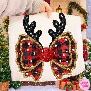 Fuskgarn Buffalo Rutig Rosett PNG: Glitter Antler Jul Sublimeringsdesign bild 4