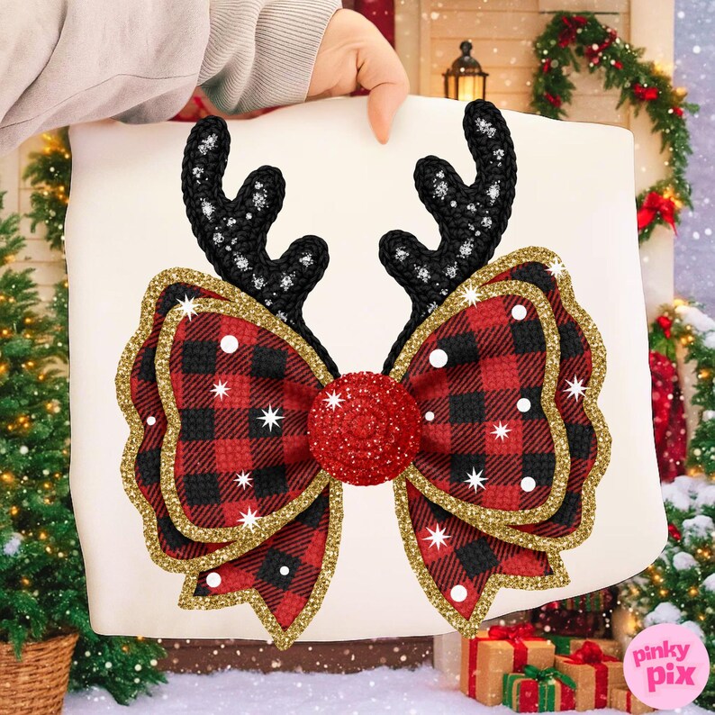 Fuskgarn Buffalo Rutig Rosett PNG: Glitter Antler Jul Sublimeringsdesign bild 4