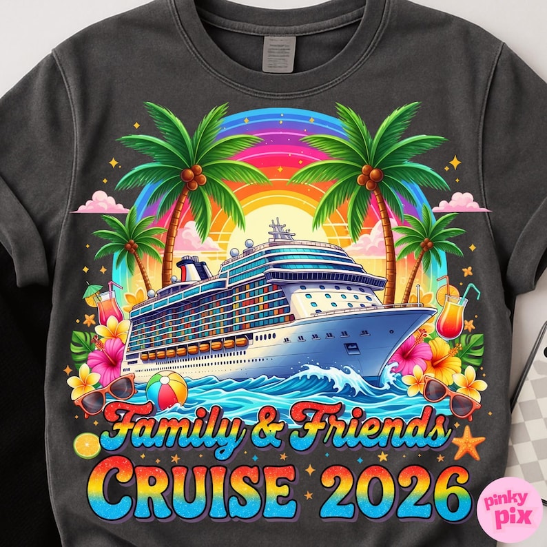 Może przedstawiać: Ciemnoszara koszulka z kolorowym wzorem statku wycieczkowego, palmami i tęczą. Projekt zawiera napis "Family & Friends CRUISE 2026", okulary przeciwsłoneczne, piłkę plażową i tropikalne kwiaty.