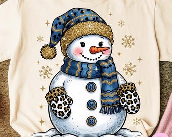 Blue Gold Leopard Snowman Png, Glitter Winter Christmas Snowman Sublimation, Cute Trendy Holiday Snowman Clipart Design, Digital Download