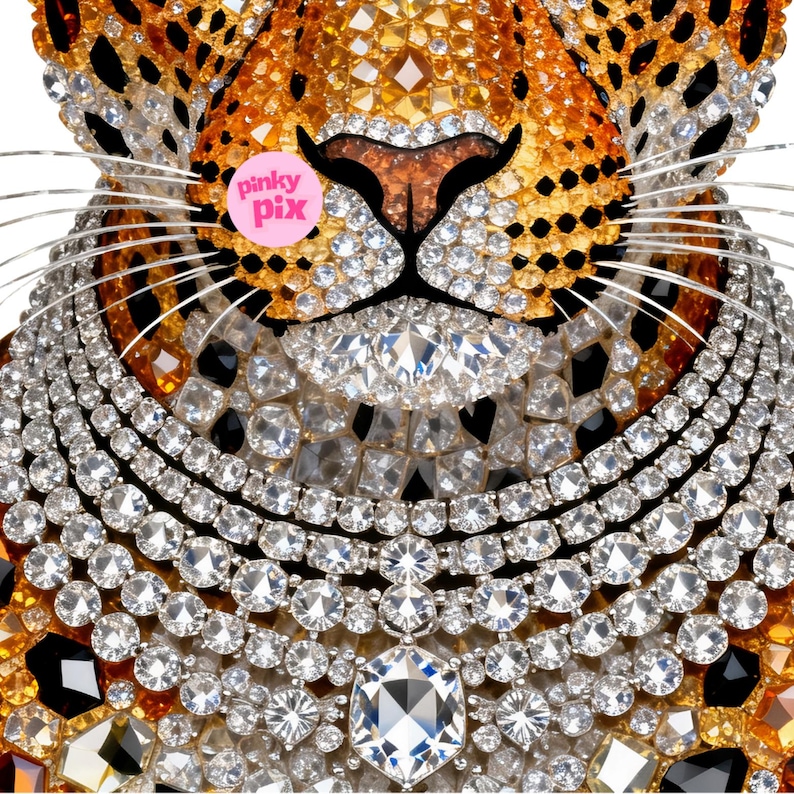 May include: A detailed image of a leopard's face, crafted from sparkling jewels. The fur is a mix of orange, brown, and black gems. The face is embellished with clear and black crystals, with the text "pinky pix" visible.