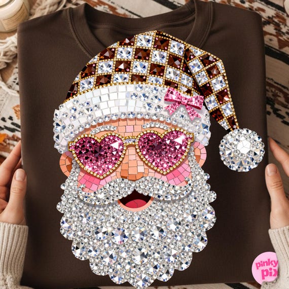 Leopard Christmas Santa PNG: Faux Rhinestone Checkered Bling Spakle Crystal Mosaic Jeweled Design