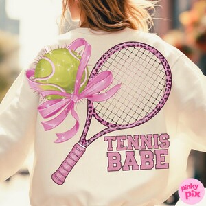 Coquette Tennis PNG, Pink Bow Tennis Sublimation Design, Sporty Girl Shirt Design, Tennis Mom Shirt PNG, Pink Leopard Tennis Racket Clipart image 3