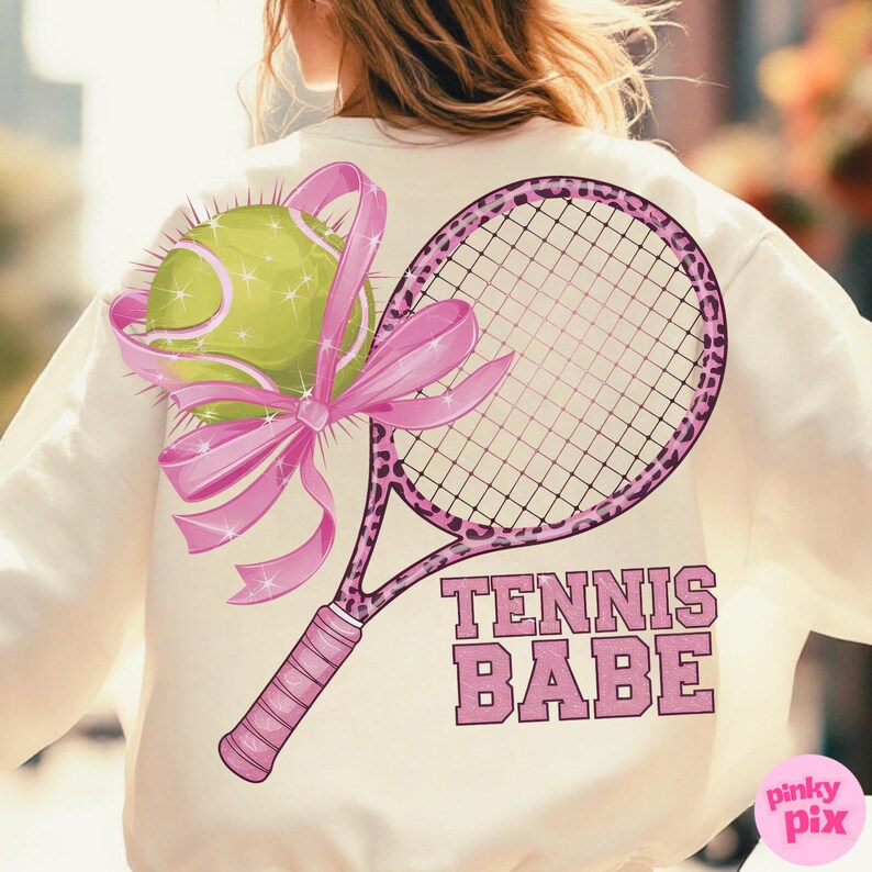 Coquette Tennis PNG, Pink Bow Tennis Sublimation Design, Sporty Girl Shirt Design, Tennis Mom Shirt PNG, Pink Leopard Tennis Racket Clipart image 3