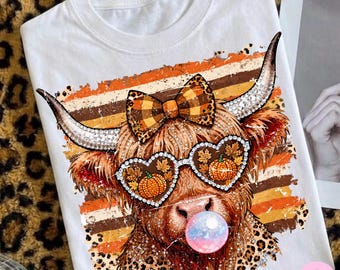 Herfst Highland Cow PNG: Nep strass luipaard, meisjesachtig, koket, strik, retro herfst, bubblegum design