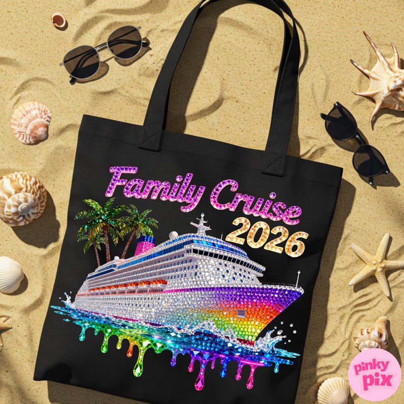 Op de afbeelding: Zwarte draagtas met de tekst "Family Cruise 2026" in een sprankelend, veelkleurig lettertype. De tas heeft een gedetailleerde illustratie van een cruiseschip met regenboogaccenten, palmbomen en watereffecten.