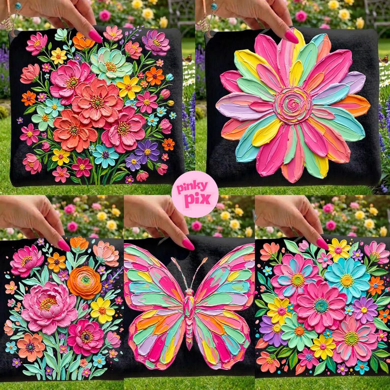 May include: Black square pillows with colorful, textured floral and butterfly designs. The pillows feature bright pink, orange, yellow, and blue flowers, and a butterfly with similar colors. The designs appear to be painted or sculpted.
