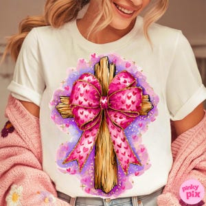 Coquette Bow Pink Glitter Cross Png, Girly Coquette Christian Png, Jesus Bible Verse Png, Preppy Christian Woman Png, Religious Sublimation