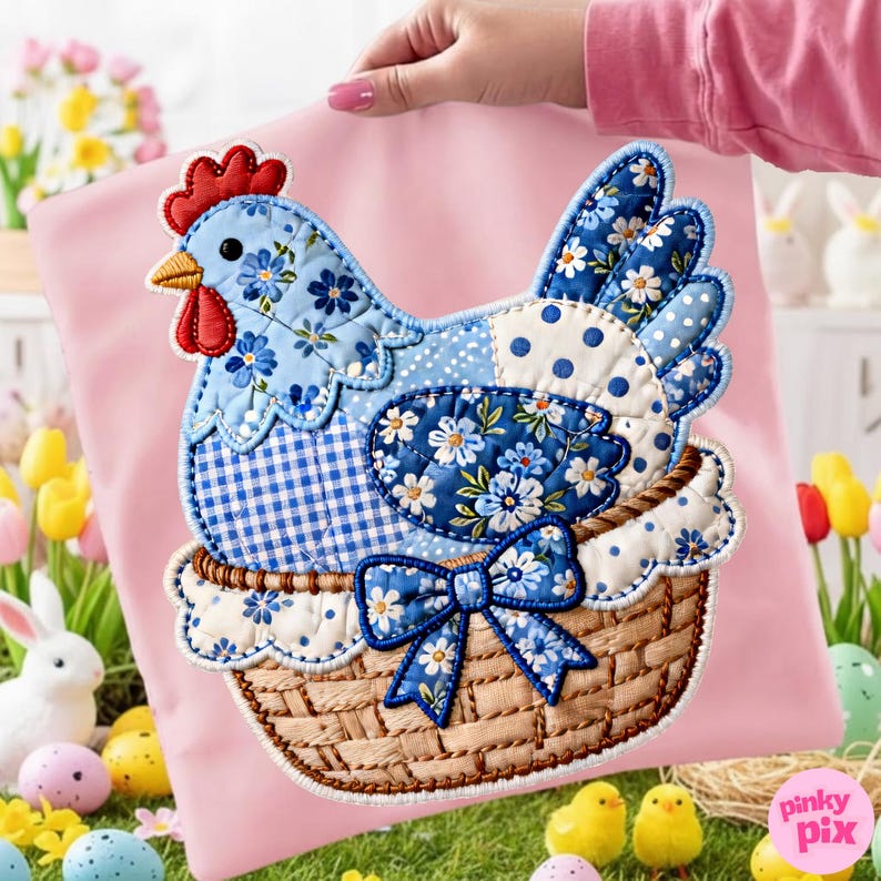 May include: A decorative Easter-themed applique featuring a patchwork chicken in a woven basket, set against a pink background. The chicken is blue with floral and gingham patterns, a red comb, and a blue bow. Easter decor.