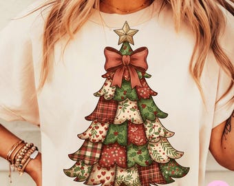 Retro Patchwork Weihnachtsbaum Png, Vintage frohe Weihnachten Bogen Png, Girly Weihnachtsfeiertags-Sublimation, rustikale Land Weihnachtsbaum Clipart