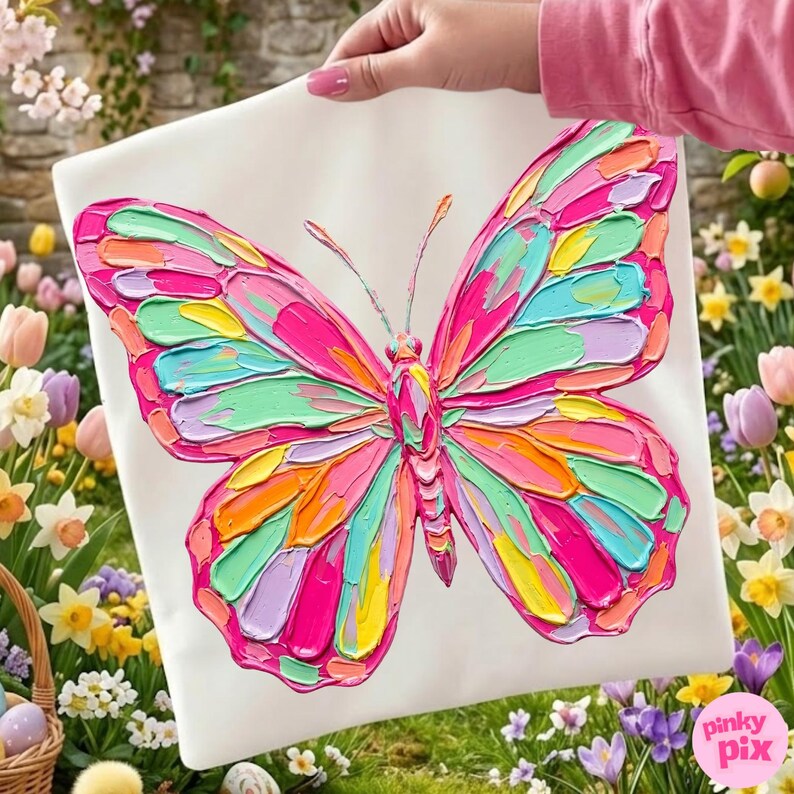 May include: A white square canvas featuring a vibrant, textured butterfly painting. The butterfly's wings are a mosaic of bright colors including pink, green, yellow, and orange. The artwork is held up by a person, with a background of flowers.