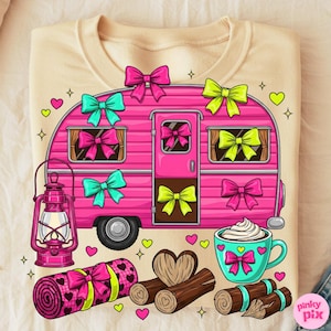 Coquette Camping PNG, Pink Camper Sublimation Design, Girly Glamping Shirt PNG, Retro Camping Digital Download