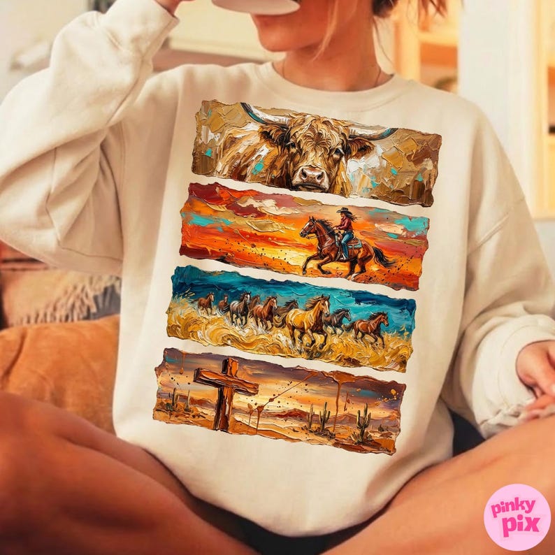Western Cowboy PNG: Brushstroke Horse Longhorn Cross Sublimation Design, Trending Digital Download image 2