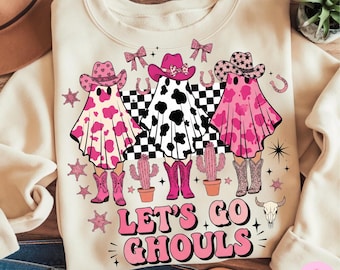Let's Go Ghouls Cowgirl Fantôme mignon Png, Western Png Halloween rose, Coquette d'Halloween girly à carreaux Png, Jolie chemise Rodeo Ghoul Squad Png