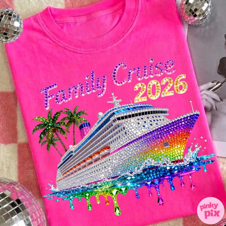 Op de afbeelding: Een felroze t-shirt met de tekst "Family Cruise 2026" in sprankelende letters. Een met juwelen bezet cruiseschip met regenboogaccenten en palmbomen staat op de voorkant. Het ontwerp bevat druppelend regenboogwater.
