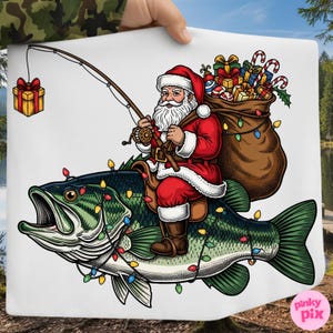 May include: A festive illustration depicts Santa Claus riding a large fish, holding a fishing rod with a gift box at the end. Santa wears a red suit and hat, with a sack of presents. The fish is decorated with Christmas lights.
