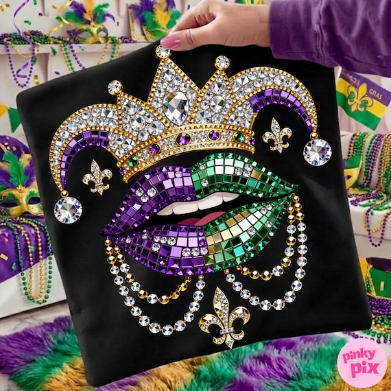Mardi Gras Lips Crown Rhinestone PNG, Sparkle Bling Crystal Mosaic Jeweled Sublimation, Digital Download