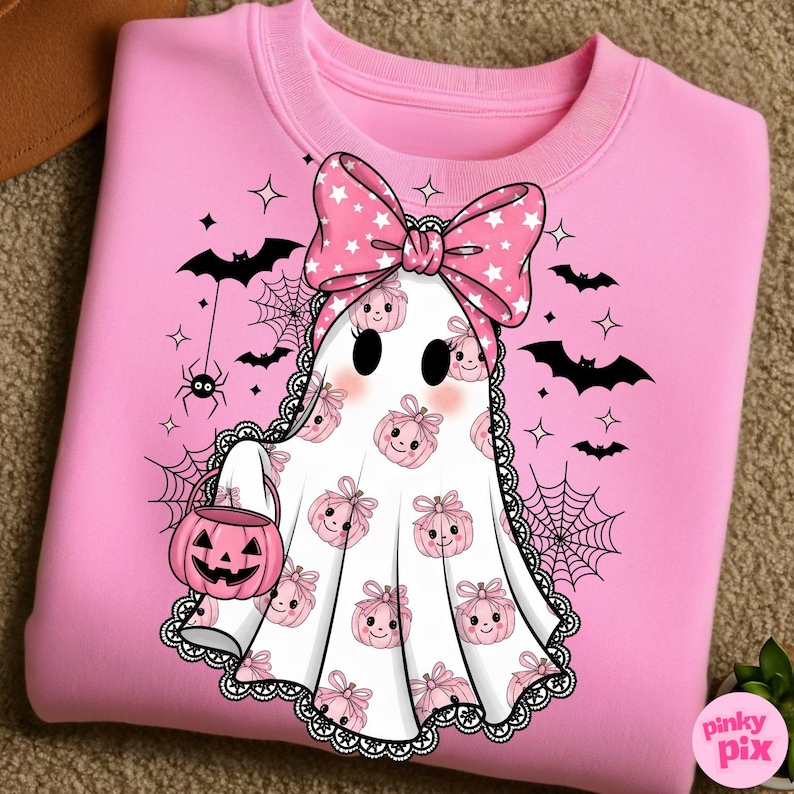May include: Pink sweatshirt with a ghost design. The ghost has a pink bow and a pumpkin-shaped candy bucket. The ghost is decorated with pink pumpkins and surrounded by bats, spiders, and spiderwebs. The sweatshirt has a crew neck.