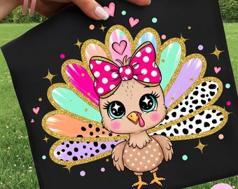 Cute Turkey PNG, Girly Thanksgiving Turkey Bow Png, Colorful Fall Turkey Shirt Design, Glitter Turkey Clipart Sublimation, Digital Download