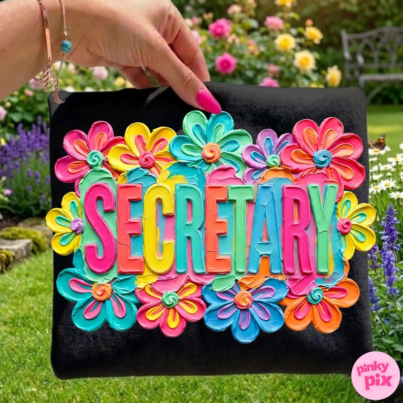 May include: Black decorative pillow with the word "SECRETARY" in colorful 3D lettering, surrounded by vibrant, textured flowers in shades of pink, yellow, blue, and orange. The pillow is held up by a hand.