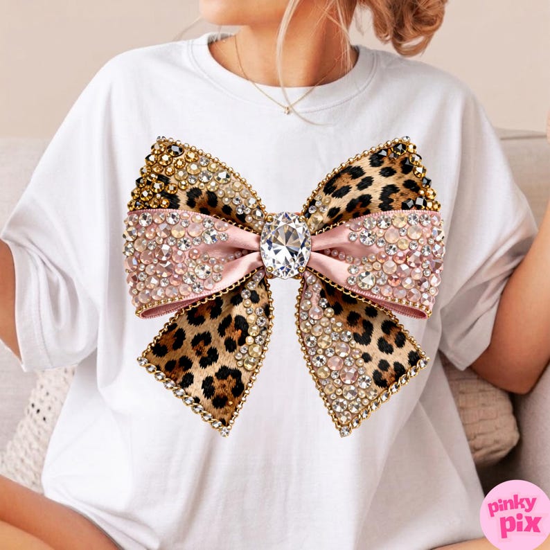 Leopard Rhinestone Bow PNG: Glam Coquette Bling Sparkle Mosaic Ribbon Sublimation Design, Digital Download image 7