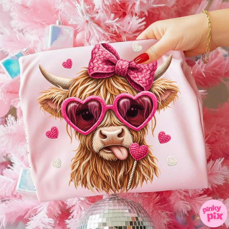Faux Yarn Valentines Day Highland Cow PNG: Pink Coquette Bow Heart Love Sublimation Design image 9