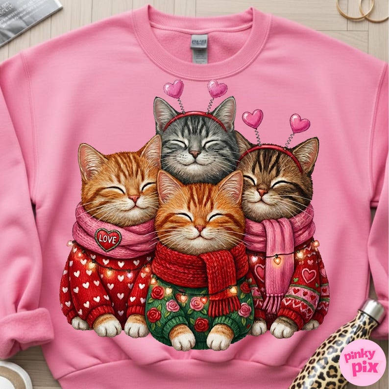 May include: Pink crewneck sweatshirt featuring a graphic of four smiling cats. The cats wear scarves and sweaters with heart and floral designs. Each cat has a heart-shaped headband. The sweatshirt is a solid pink color.