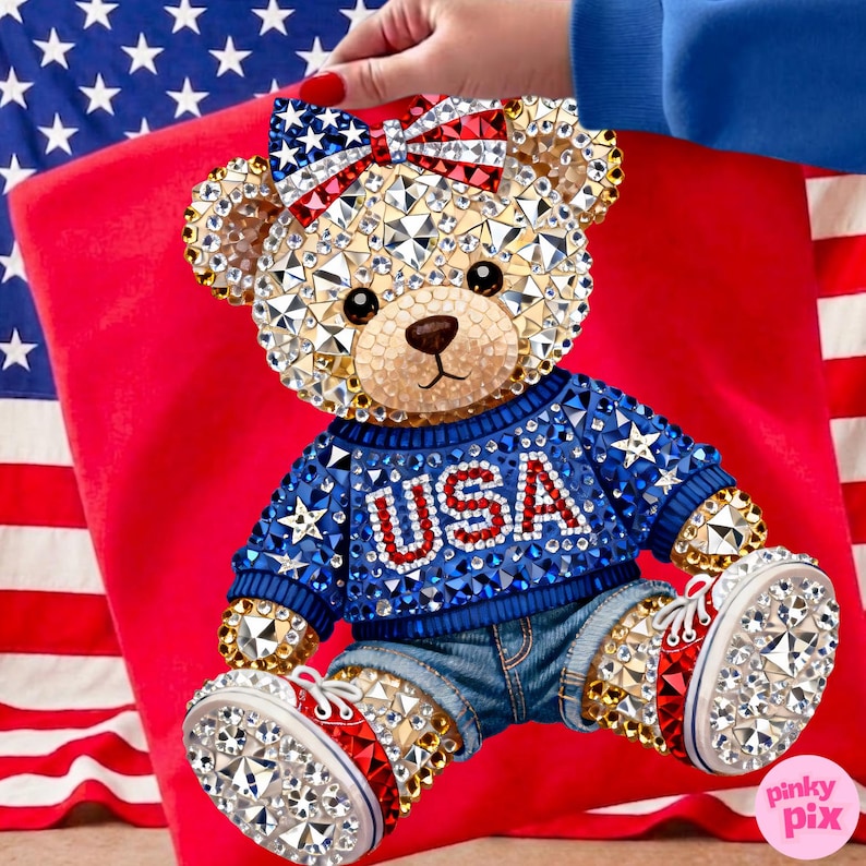 USA Teddy Bear 4th of July PNG: Patriotic Rhinestone American Flag Bow T-Shirt Design image 1