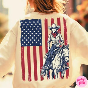 Cowgirl USA Flag PNG, Western 4th of July Sublimation Design, Retro American Country Girl Clipart, Patriotic Rodeo Shirt PNG
