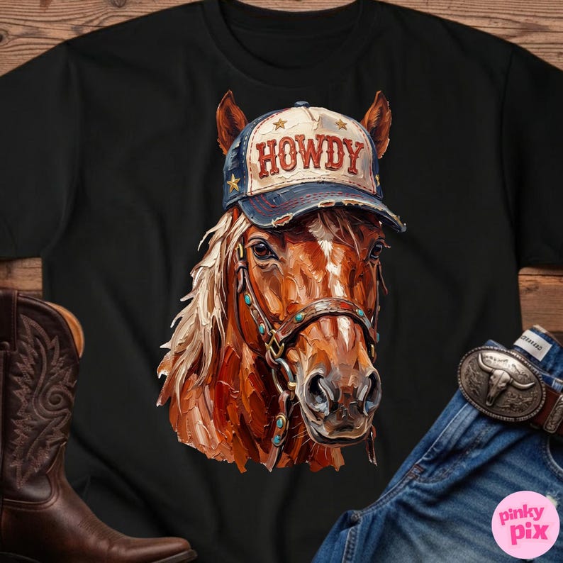 May include: Black t-shirt featuring a detailed illustration of a horse wearing a baseball cap with the word "HOWDY" on it. The horse has a brown and white coat and is wearing a bridle. The image also shows a pair of cowboy boots and jeans.