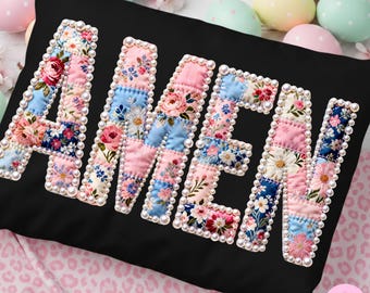 Amen png: patchwork cottagecore namaakborduurwerk bloemen parelversiering christelijk geloof lentesublimatieontwerp