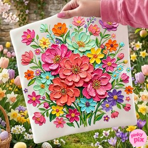 May include: A square, white canvas featuring a vibrant, raised floral design. The artwork showcases a bouquet of colorful flowers in shades of pink, orange, yellow, blue, and purple. The flowers are arranged in a textured, three-dimensional style.