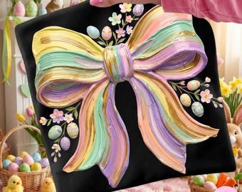Easter Bow Png, Brushstroke Hand-Painted Spring Flowers and Eggs Sublimation Design