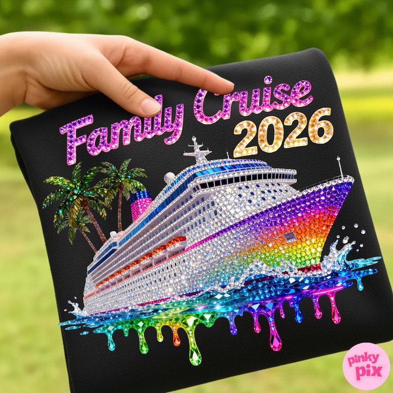 Op de afbeelding: Zwart sweatshirt met een kleurrijk cruiseschipontwerp. Het schip is versierd met strass-steentjes en heeft een regenboogkleurige voorkant. De tekst luidt "Family Cruise 2026". Palmbomen zijn ook in het ontwerp opgenomen.