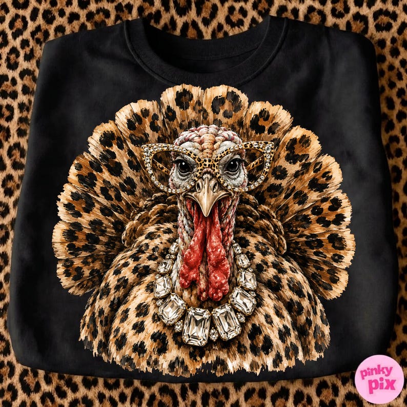 May include: A black sweatshirt featuring a graphic of a turkey with a leopard print pattern on its feathers. The turkey wears leopard print cat-eye glasses and a large, clear crystal statement necklace. The design is centered on the front.