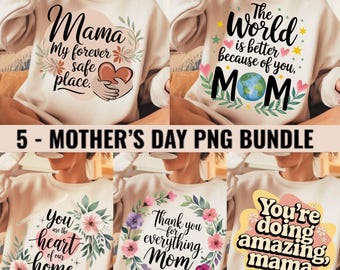 Paquete PNG para el Día de la Madre: 5 frases emotivas para mamá: diseños florales, retro y emotivos. Descarga instantánea.