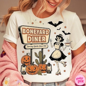 Boneyard Diner Halloween Png, Retro Skeleton Waitress Sublimation Design, Vintage Spooky Diner Pumpkin Png, Funny Halloween Shirt Png